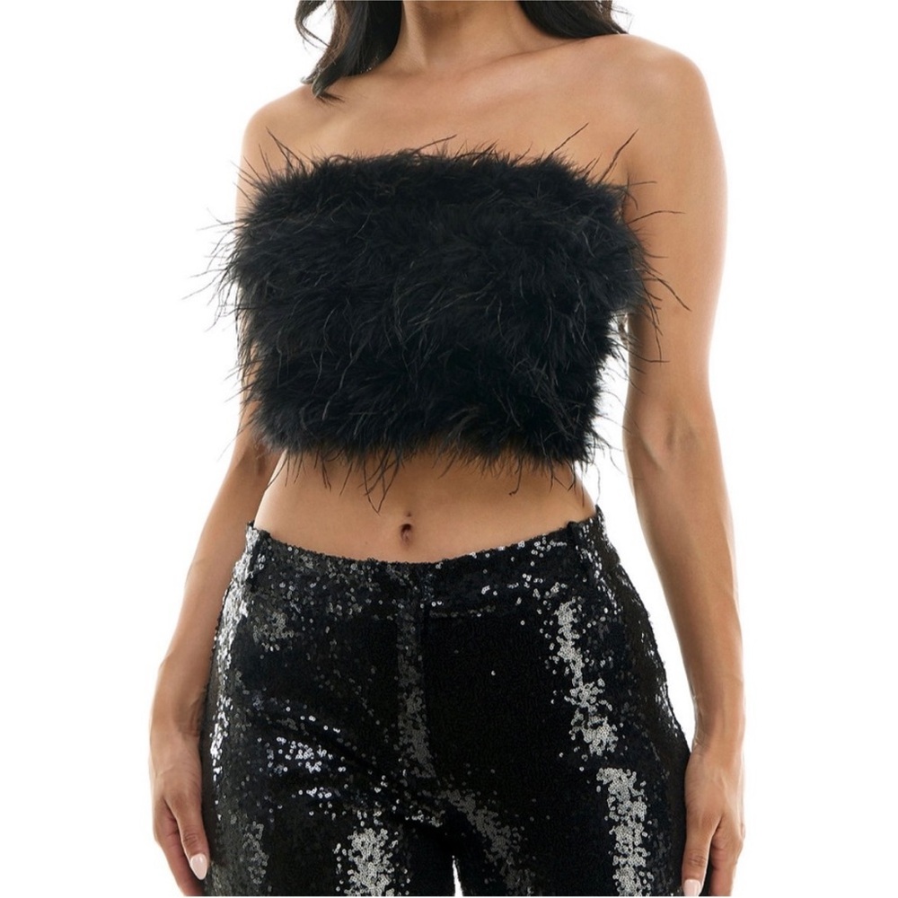 Alex & Sophia~ Juniors' Strapless Zip-Back Feather-Front Top Juniors' Sz S